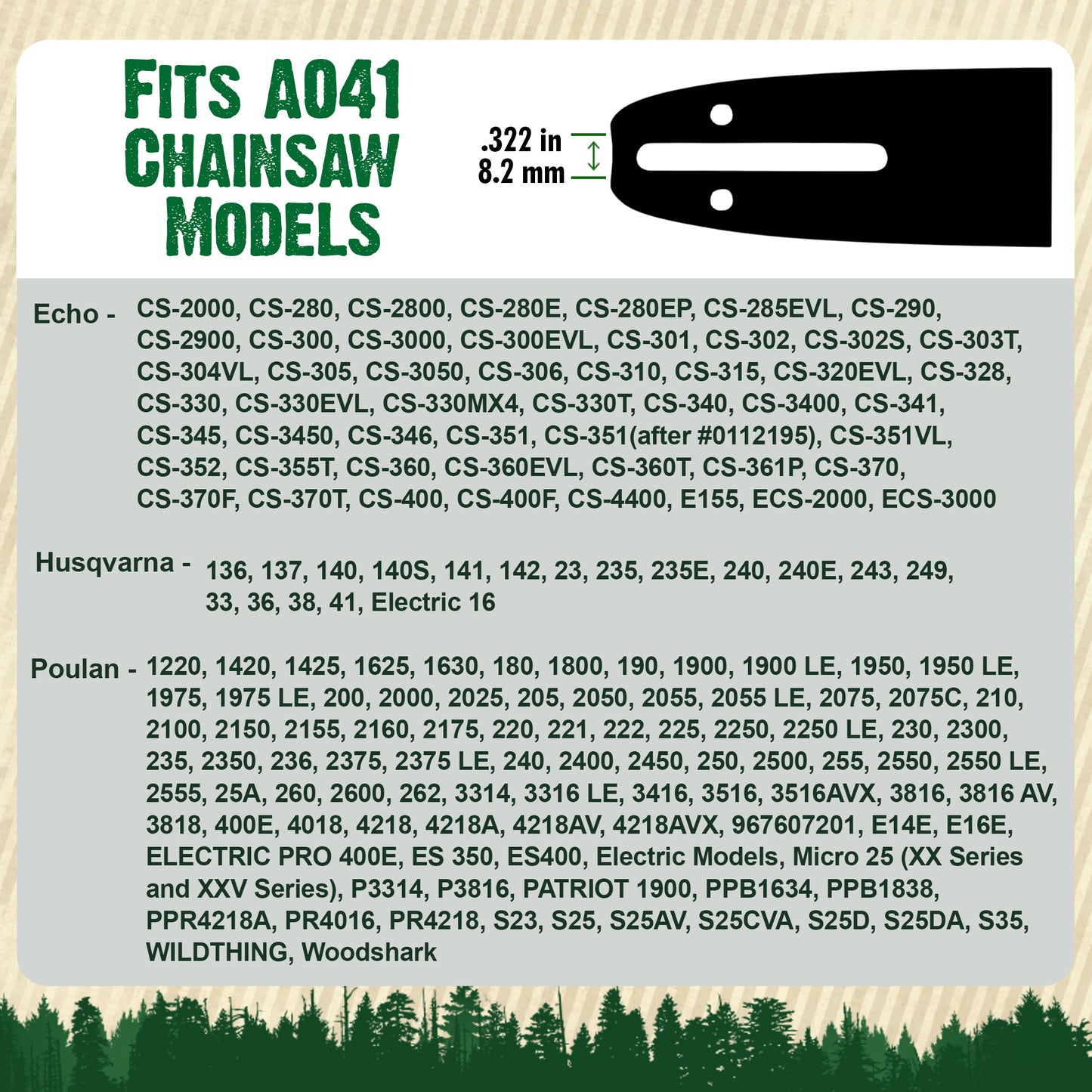 Forester Laminated Bars - A041 Mount for Poulan, Echo or Craftsman Chainsaws