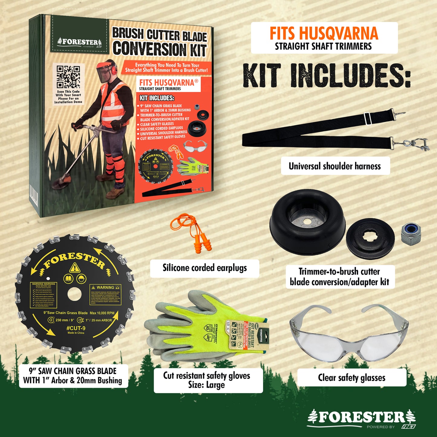 Forester Brush Cutter Trimmer Conversion Kit with Cut-9 Brush Blade