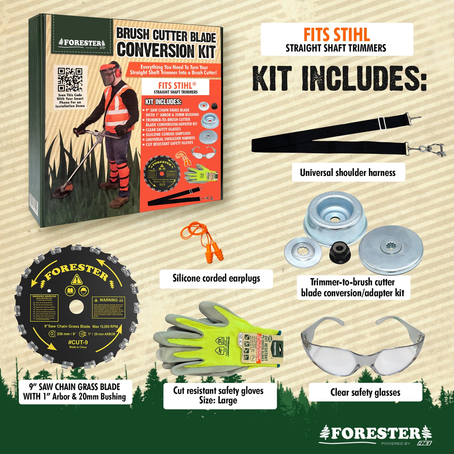 Forester Brush Cutter Trimmer Conversion Kit with Cut-9 Brush Blade