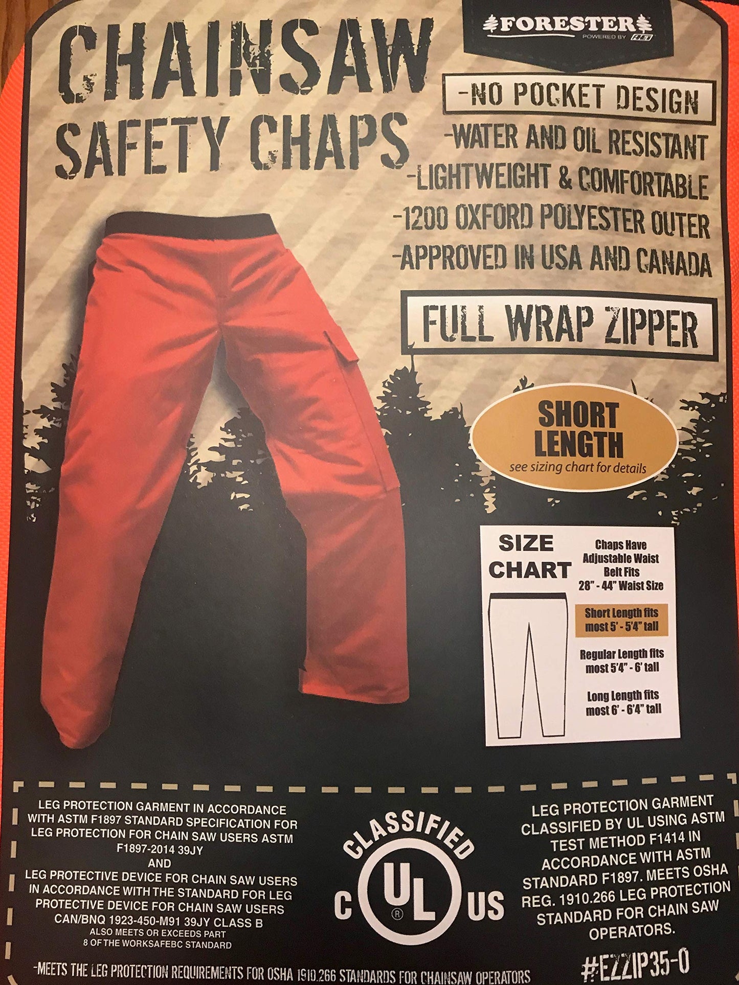 FORESTER Chainsaw Safety Chaps - Full Wrap Zipper - Orange (Short (35") Fits ...
