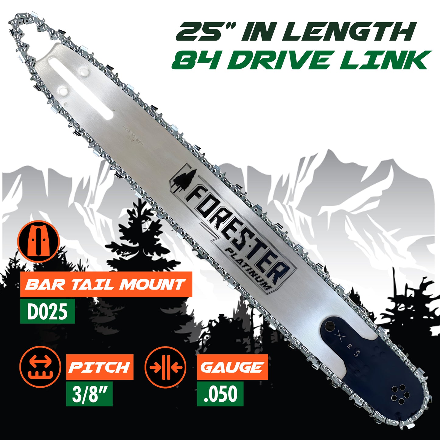 Forester Platinum Replacement 25" Chainsaw Guide Bar & Chain for Stihl - 3/8” Pitch - .050 Gauge - D025 Mount - 84 Drive Link