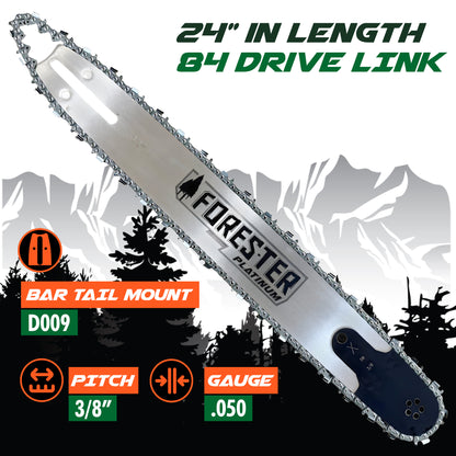 Forester Platinum Replacement 24" Chainsaw Guide Bar & Chain for Husqvarna, Makita, Dolmar - 3/8” Pitch - .050 Gauge - D009 Mount - 84 Drive Link
