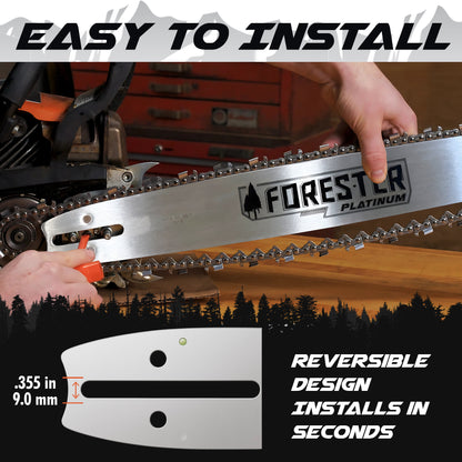 Forester Platinum Replacement 20" Chainsaw Guide Bar & Chain for Husqvarna, Makita, Dolmar - 3/8” Pitch - .050 Gauge - D009 Mount - 72 Drive Link