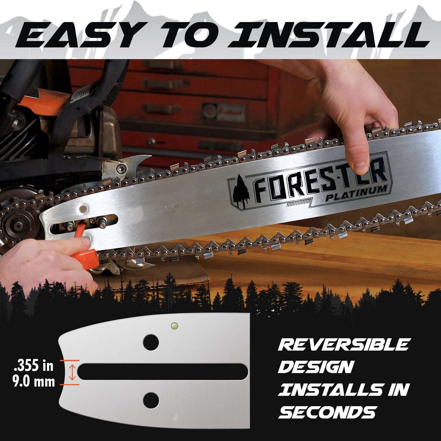 Forester Platinum Replacement 24" Chainsaw Guide Bar & Chain for Husqvarna, Makita, Dolmar - 3/8” Pitch - .050 Gauge - D009 Mount - 84 Drive Link