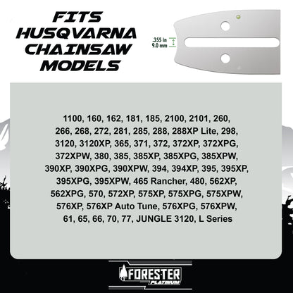 Forester Platinum Replacement 20" Chainsaw Guide Bar & Chain for Husqvarna, Makita, Dolmar - 3/8” Pitch - .050 Gauge - D009 Mount - 72 Drive Link