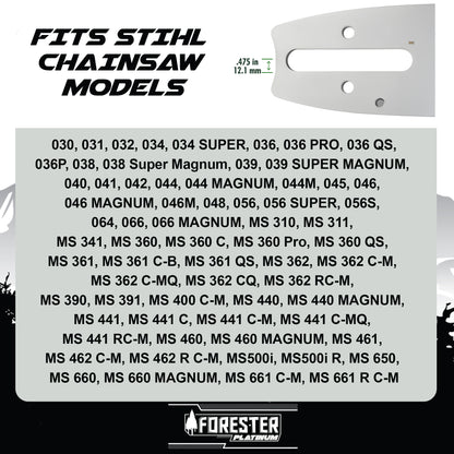 Forester Platinum Replacement 25" Chainsaw Guide Bar & Chain for Stihl - 3/8” Pitch - .050 Gauge - D025 Mount - 84 Drive Link