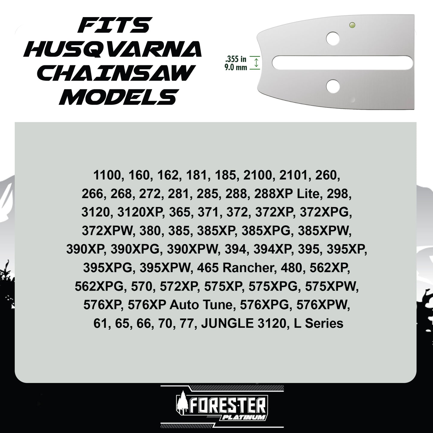 Forester Platinum Replacement 18" Chainsaw Guide Bar & Chain for Husqvarna, Makita, Dolmar - 3/8” Pitch - .050 Gauge - D009 Mount - 68 Drive Link