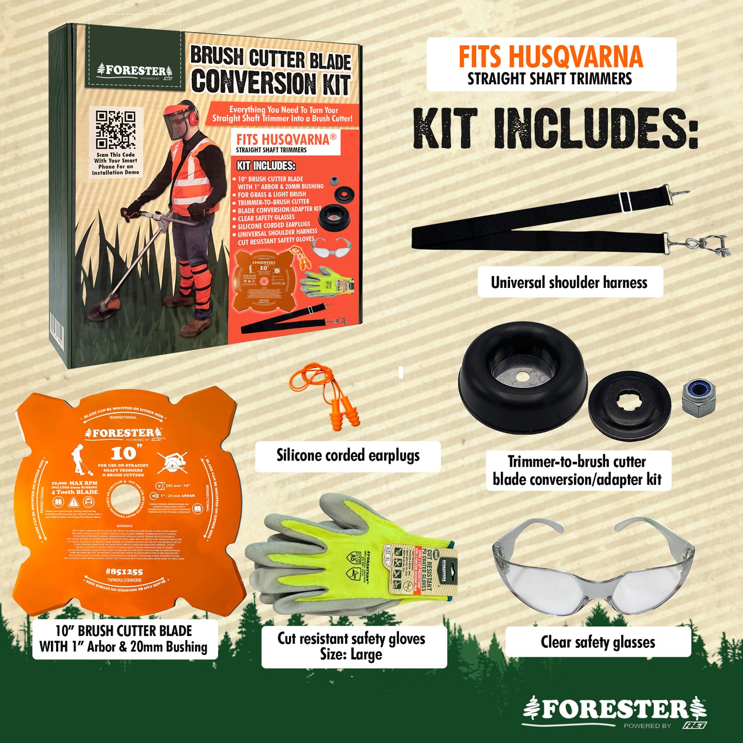 FORESTER Brush Cutter Trimmer Conversion Kit with 10” Weed Eater Blade compatible with Husqvarna Trimmers