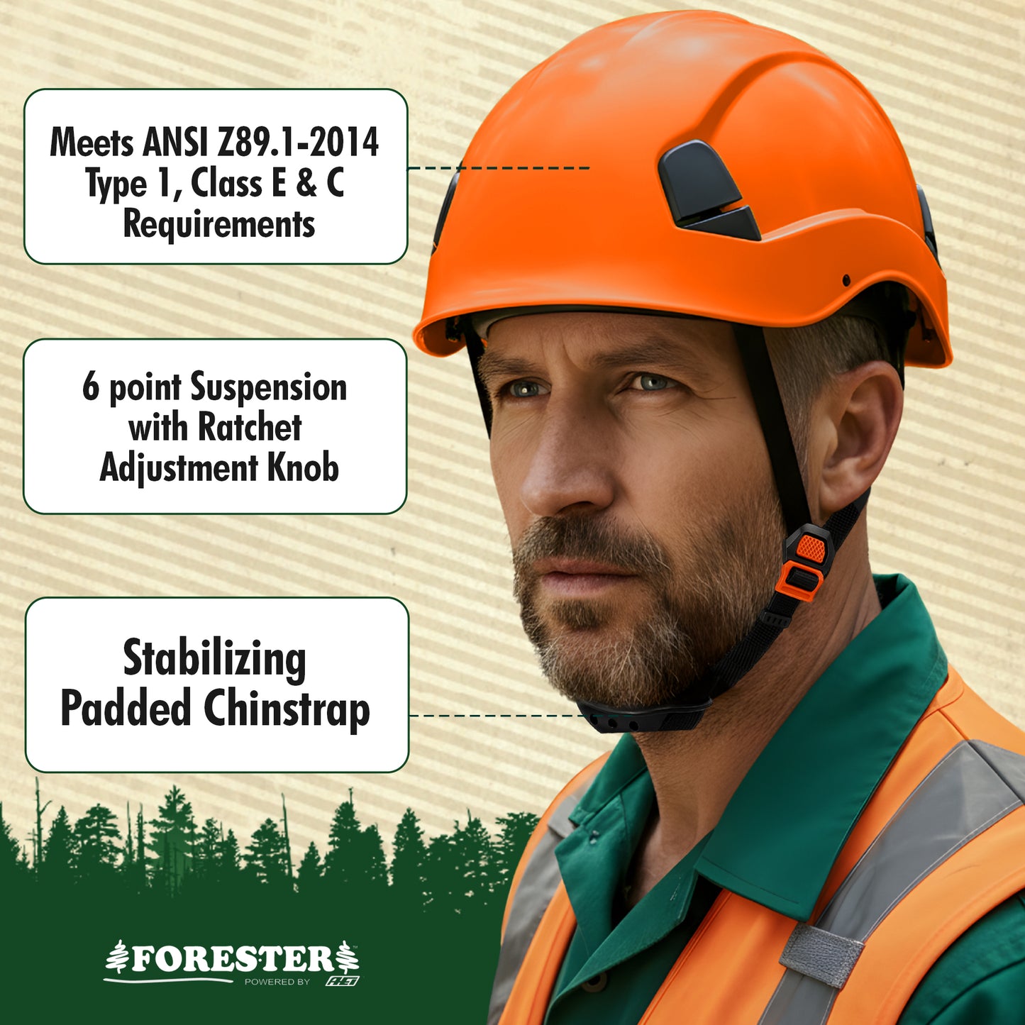 FORESTER Arborist Safety Helmet | ANSI Z89.1-2014 Certified, Class E & C | 6-Point Suspension Hard Hat