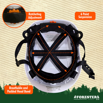 FORESTER Arborist Safety Helmet | ANSI Z89.1-2014 Certified, Class E & C | 6-Point Suspension Hard Hat