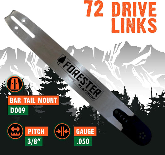 Forester Platinum Replacement 20" Chainsaw Guide Bar & Chain for Husqvarna, Makita, Dolmar - 3/8” Pitch - .050 Gauge - D009 Mount - 72 Drive Link
