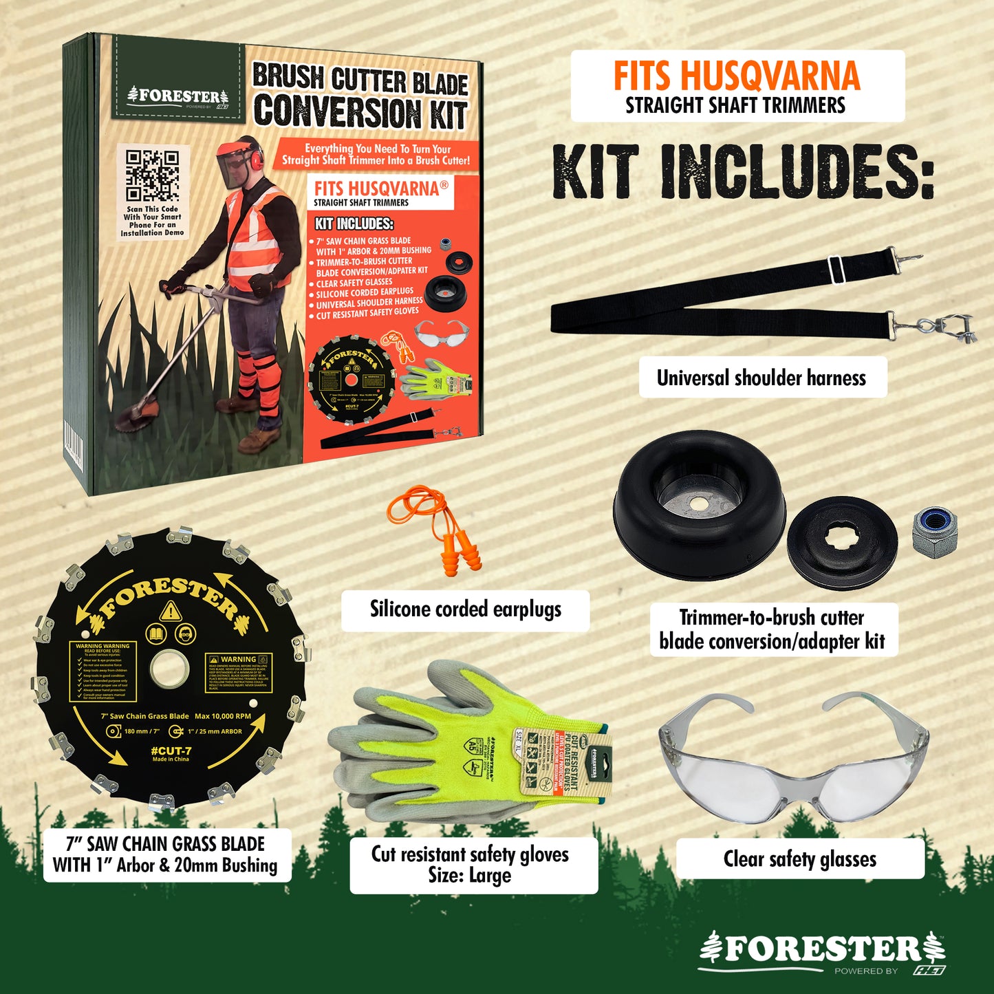 Forester Brush Cutter Trimmer Conversion Kit with Cut-7 Brush Blade