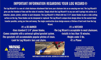 Original Log Wizard Debarker Tool - Replacable Blades, Unique Drum Design, Easiest Blade Transfer, Accepts Most Chainsaws, Universal Spline/ Sprocket System - Loggers Tool
