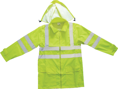 Forester Hi Vis Rain Suit - 100% Polyester, Drawstring Hood, Reflective Stripes, Vented Underarms, Roomy Legs, Side & Exterior Pockets - High Visibility Clothing