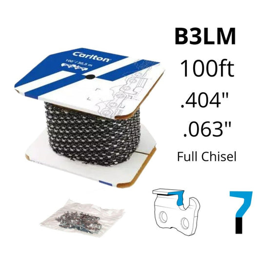 Carlton Chainsaw Chain [B3LM-100] - Full Chisel, .063 Gauge, .404 Pitch, 100’ Roll, Standard Sequence, .063" Gauge - Logging Tools