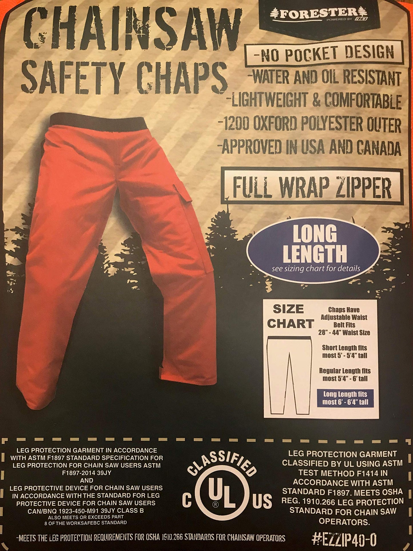 Forester Chainsaw Safety Chaps - Full Wrap Zipper - Orange (Long (40") Fits M...