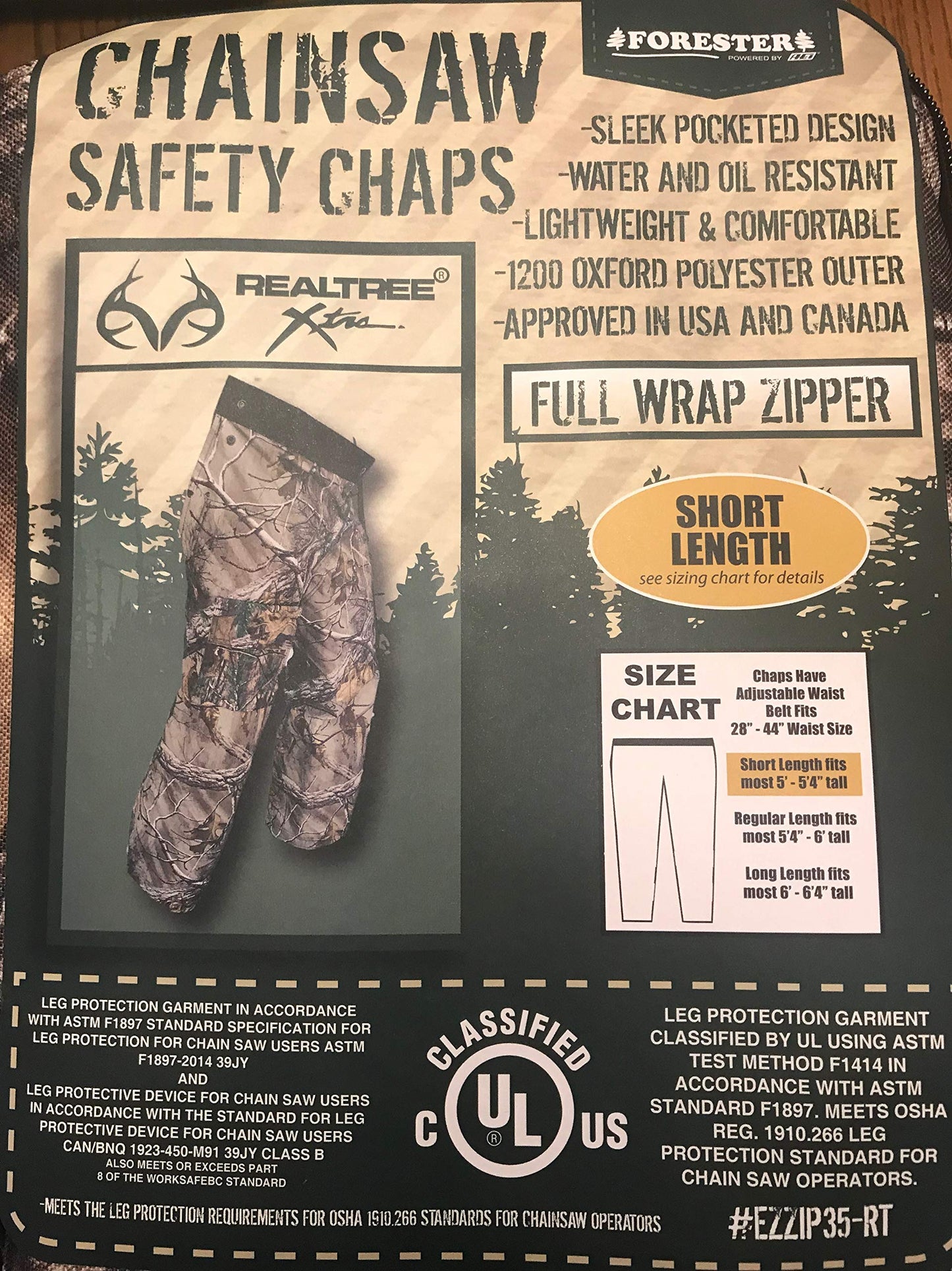 Forester Chainsaw Safety Chaps - Full Wrap Zipper - Real Tree Camo (Short (35...
